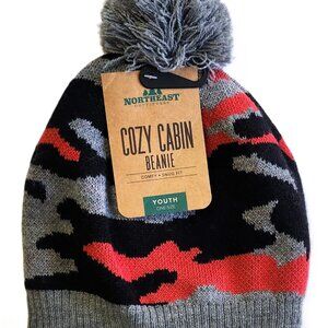 Northeast Outfitters Cozy Cabin Camo Pom Youth Beanie - Red/Black - Unisex